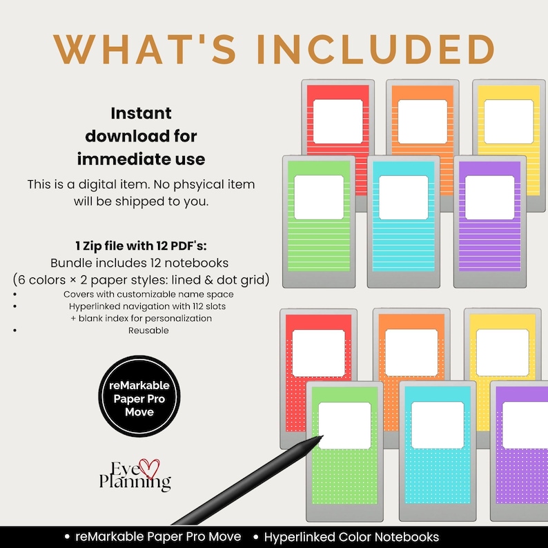 Notebook bundle with 6 customizable color covers, lined and dot grid journal templates for digital productivity