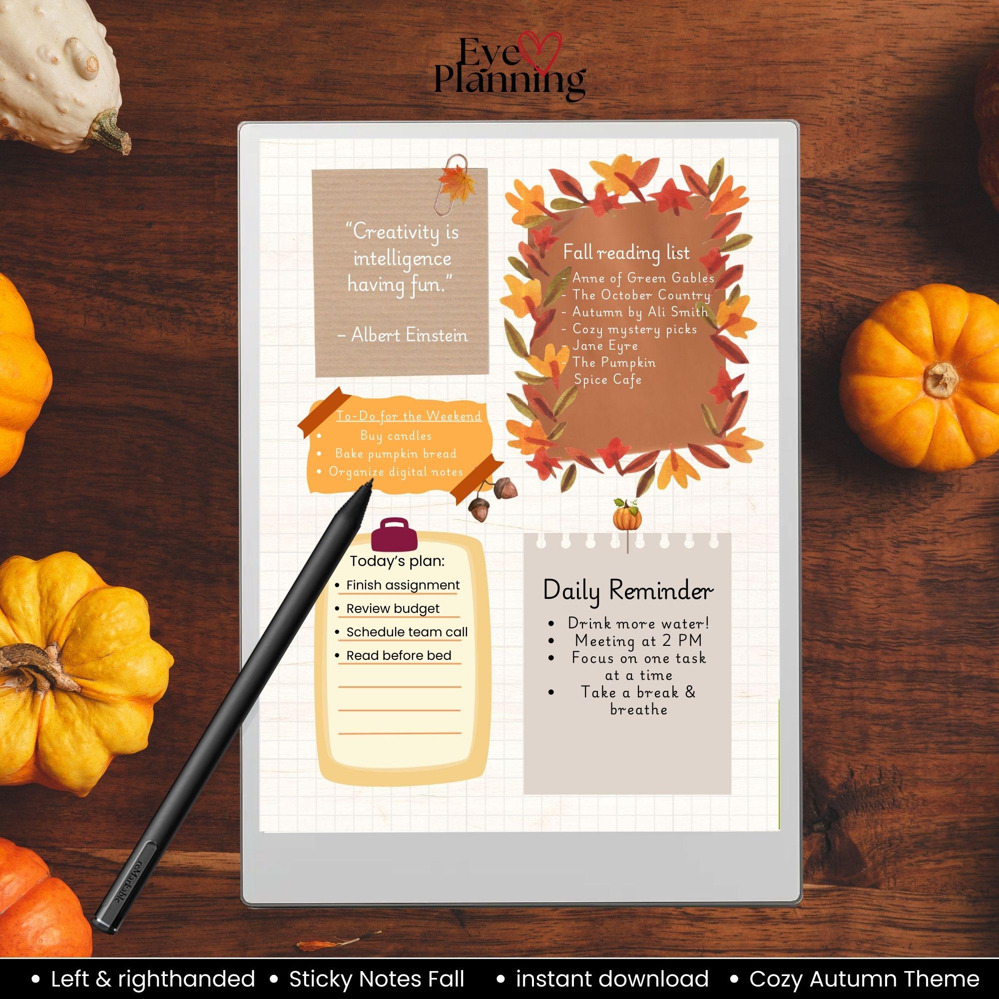 Fall Sticky Notes Template for Remarkable Paper Pro, Remarkable 2, Cute ...