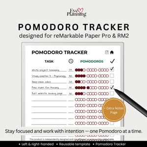 Pomodoro Tracker for reMarkable Paper Pro | Productivity Timer, Focus Planner, Study Organizer, Task Tracker | Pomodoro Log & Time Blocking