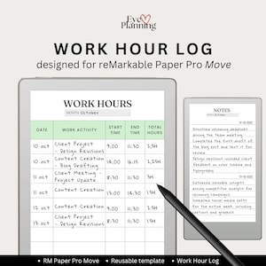 Op de afbeelding: Digitaal werkurenlogboek ontworpen voor reMarkable Paper Pro Move. Het logboek bevat secties voor datum, werkactiviteit, start- en eindtijden en totaal uren. Een kleiner scherm toont notities. Een stylus is inbegrepen.