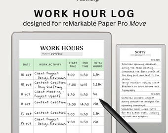 Arbetstimlogg utformad för reMarkable Paper Pro Move | Mall för digital tidrapport | Återanvändbar arbetstidsspårare | Produktivitetsplanerare