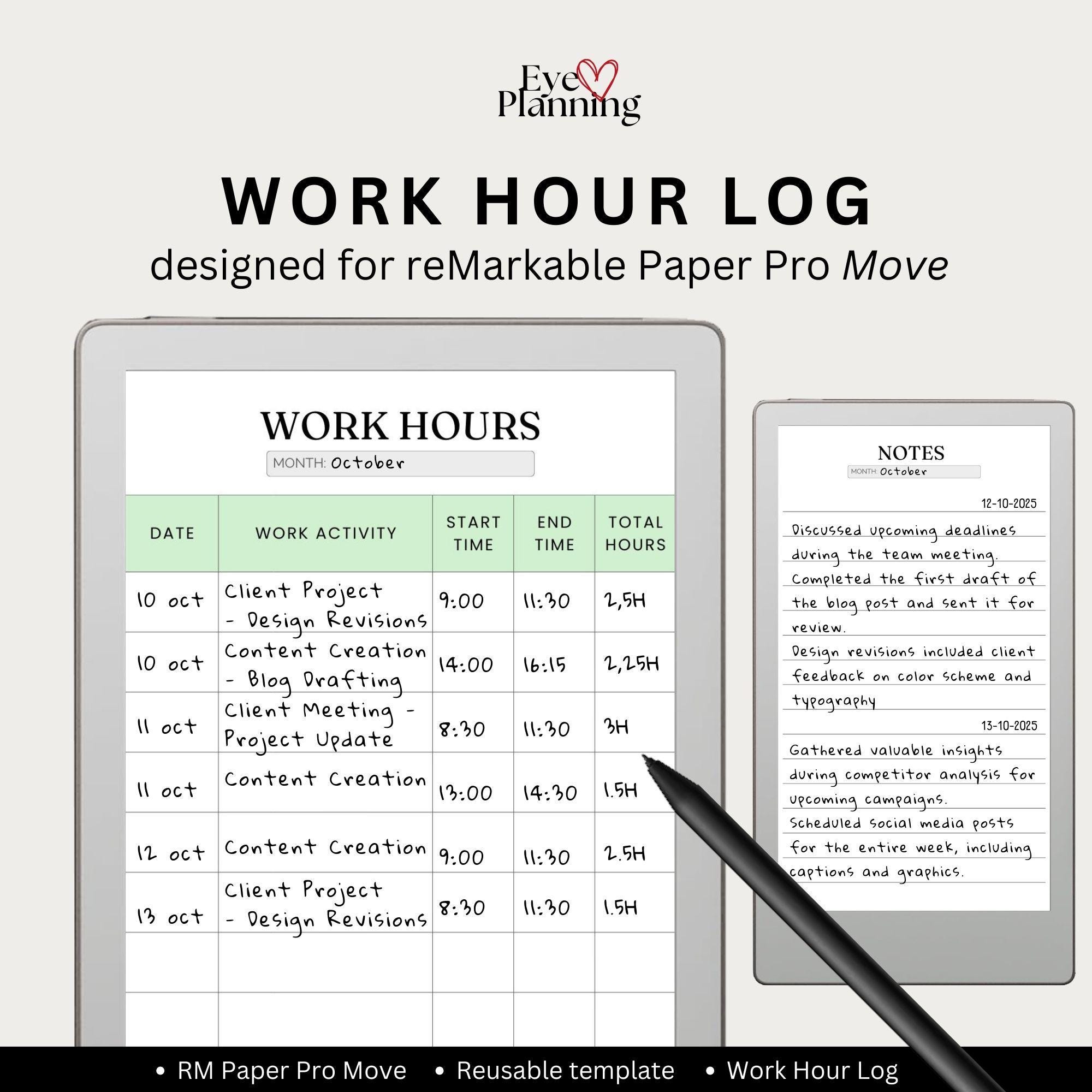 Work Hour Log Designed for the Remarkable Paper Pro Move | Digital Time ...