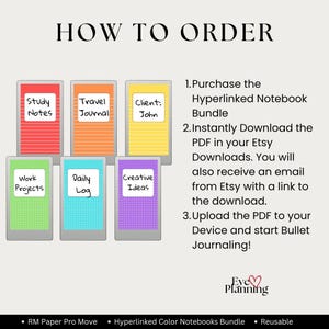 Hyperlinked digital notebook bundle for reMarkable Paper Pro Move with 6 color covers and lined or dot grid paper styles