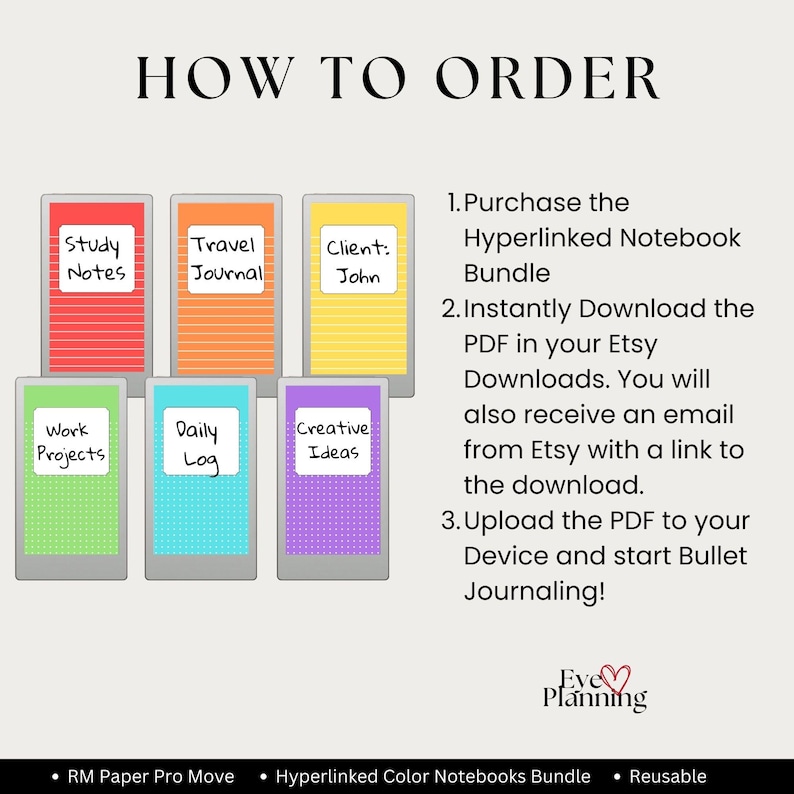 Hyperlinked digital notebook bundle for reMarkable Paper Pro Move with 6 color covers and lined or dot grid paper styles