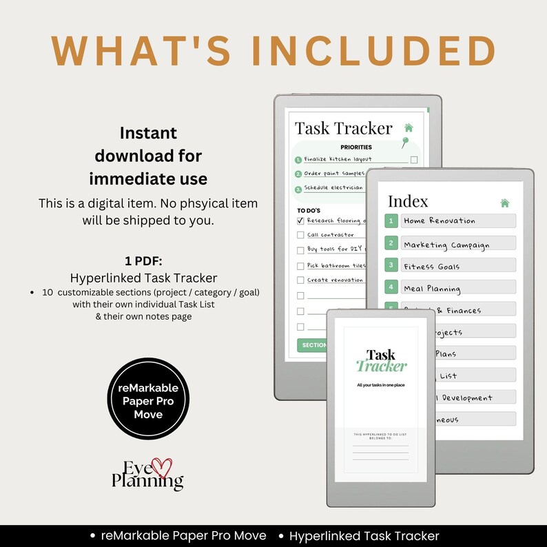 Hyperlinked planner with 10 customizable sections for projects and goals
