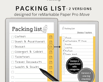 2-in-1 Packing List Templates designed for reMarkable Paper Pro Move | 2 versions | Holiday Checklist, Vacation Itinerary, Luggage Organizer