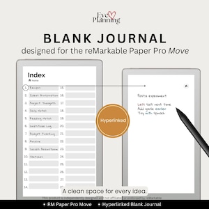 Puede incluir: Un diario digital en blanco diseñado para el reMarkable Paper Pro Move. El diario presenta un índice con categorías como Recetas, Ideas y Notas diarias. La imagen también muestra una página con notas manuscritas y un lápiz.