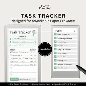 May include: A digital task tracker designed for reMarkable Paper Pro Move. The tracker displays a task list with priorities, to-dos, and due dates. The index includes categories like home renovation, marketing, and fitness goals. The text "Hyperlinked" is also visible.