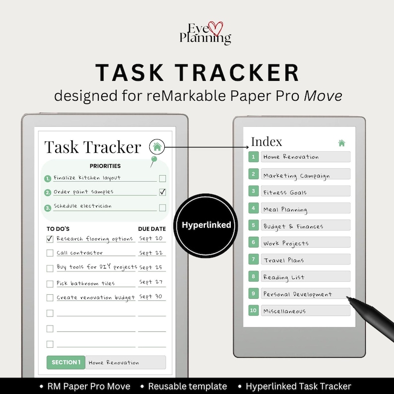 Hyperlinked task tracker template for reMarkable Paper Pro Move digital planning