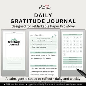 Puede incluir: Un diario de gratitud diario digital para reMarkable Paper Pro Move, con tres vistas de pantalla: una página de título, una plantilla de entrada diaria con indicaciones de reflexión y una página de índice con hipervínculos y un lápiz.