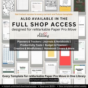 reMarkable Paper Pro Move template bundle preview – planners, trackers, notebooks, covers, and productivity tools included in the Full Shop Access