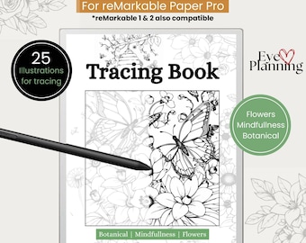 Tracing Book for reMarkable Paper Pro with Flower Botanical Mindfulness Themes, 25 Tracing Pages illustrations, compatible with reMarkable 2