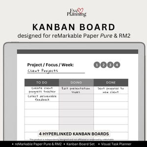 Op de afbeelding: Een digitaal Kanban-bord sjabloon voor reMarkable Paper Pure en RM2 tablets. Het scherm toont een projecttracker met kolommen voor To Do, Doing en Done, voorzien van handgeschreven tekst en vier genummerde ronde navigatieknoppen.