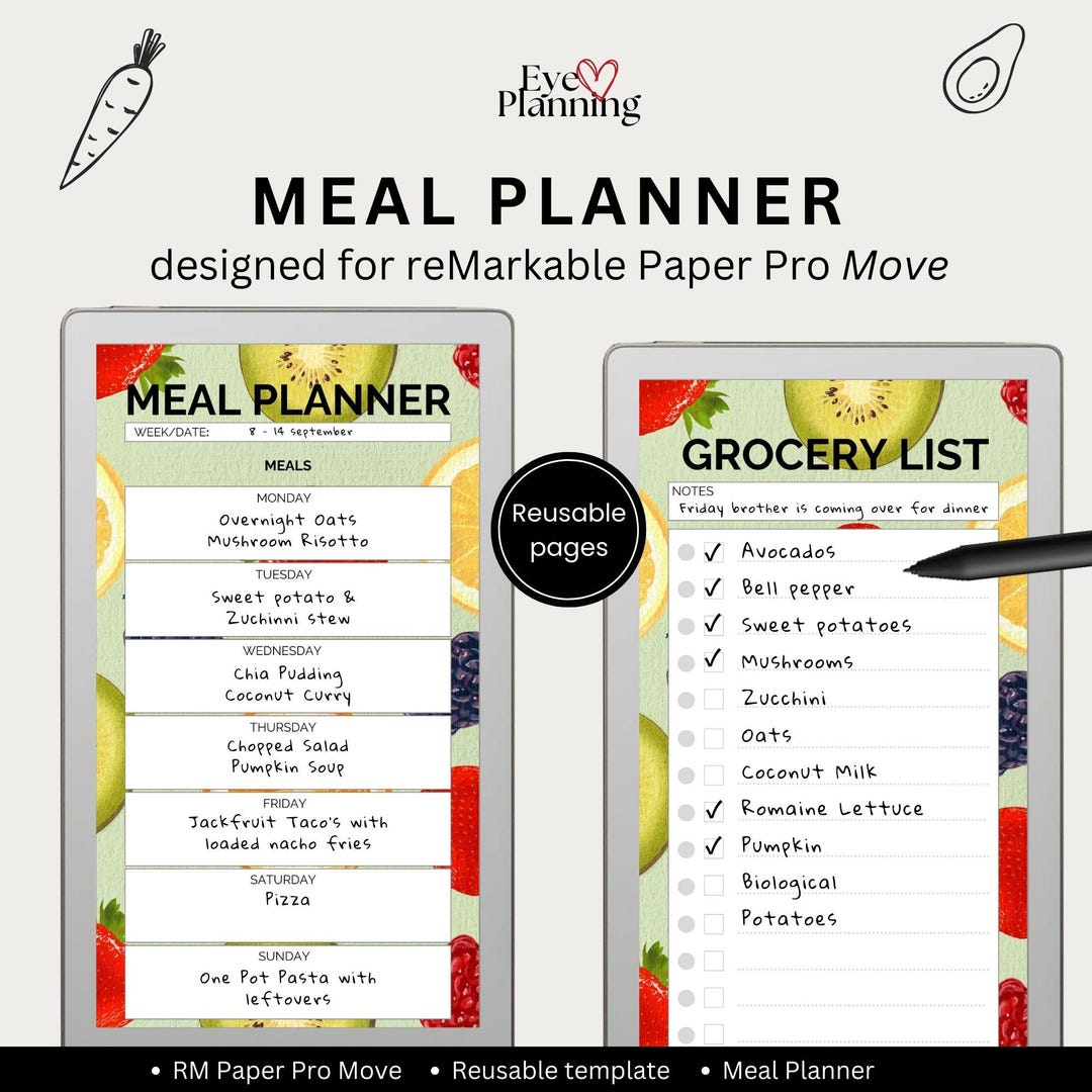 Weekly Meal Planner With Grocery List Designed for the Remarkable Paper ...