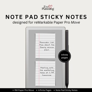 May include: A digital notepad with two sticky notes displaying handwritten reminders. The notepad is designed for reMarkable Paper Pro Move. The text on the sticky notes includes "Reminder: Call Mom about the family reunion plans" and "Meeting with the marketing team at 2 PM tomorrow."