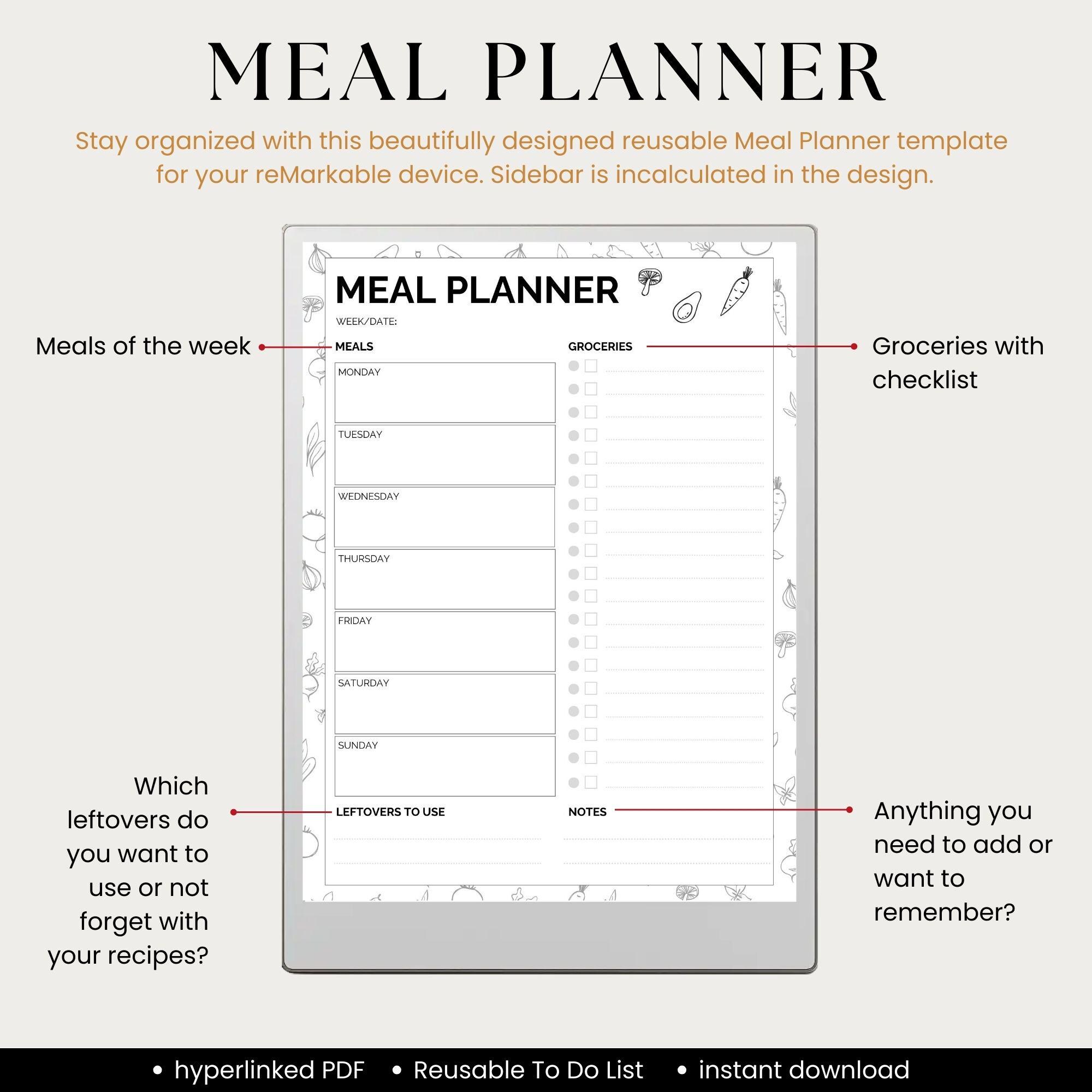 Weekly Meal Planner With Grocery List | 7 Day Menu Plan | Reusable ...