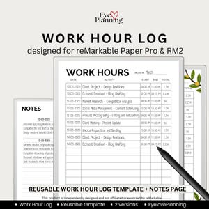 Werkurenlogboek voor reMarkable Paper Pro en RM2 | Sjabloon digitale urenstaat | Werkurentracker | Productiviteitsplanner | Herbruikbare pdf |