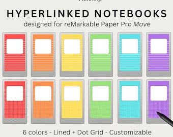 Hyperlinked Notebook Bundle for reMarkable Paper Pro Move | Color Notebooks | Lined & Dot Paper style | 12 reMarkable notebooks and journals