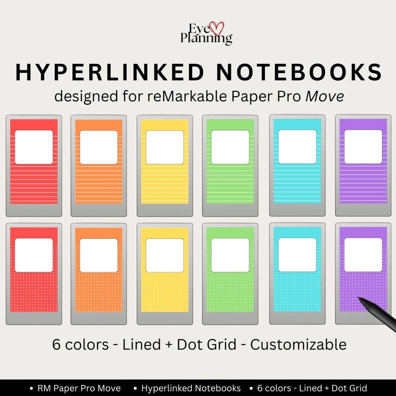 Hyperlinked digital notebook bundle for reMarkable Paper Pro Move with 6 color covers and lined or dot grid paper styles