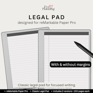 May include: A digital legal pad template for reMarkable Paper Pro featuring two versions with and without margins. The design includes a classic lined layout for focused writing, presented on two tablet screens with a black stylus pen visible.