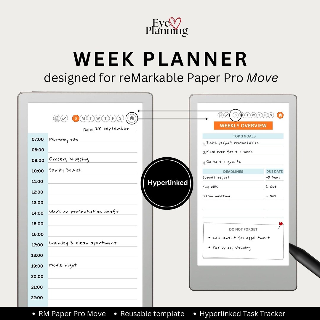Hyperlinked Weekly Planner Designed for Remarkable Paper Pro Move ...