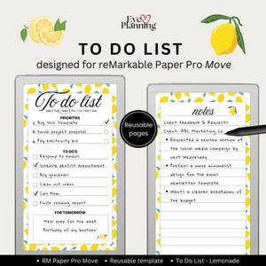 Puede incluir: Una plantilla digital de lista de tareas para reMarkable Paper Pro Move con un patrón de limones. La pantalla muestra una lista con prioridades, tareas y una sección de notas. Un lápiz óptico negro es visible en la pantalla derecha. El texto incluye To Do List, Priorities, To Do's, For Tomorrow y Notes.