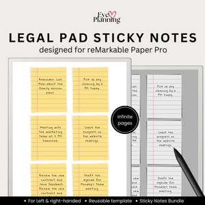 May include: Digital sticky notes bundle designed for reMarkable Paper Pro. The image shows digital sticky notes with lined paper and text such as "Reminder: Call Mom about the family reunion plans." The text "LEGAL PAD STICKY NOTES" is at the top.
