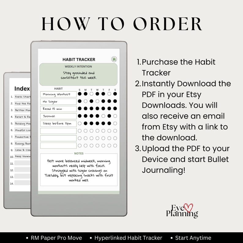 Weekly intention and notes sections for productivity tracking, Habit Tracker for reMarkable Paper Pro Move