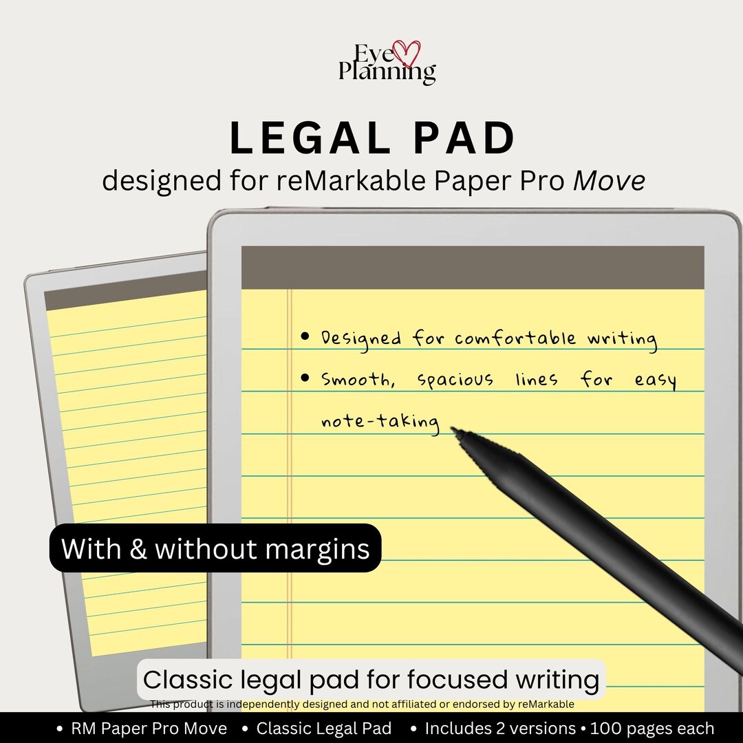 Legal Pad Yellow for Remarkable Paper Pro Move | Notepad Template ...