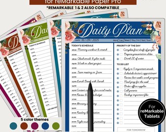 Ensemble de planificateurs journaliers à une page pour tablettes reMarkable | 5 thèmes de couleurs | Modèle d'emploi du temps horaire pour reMarkable Paper Pro, 2 et 1 | Réutilisable