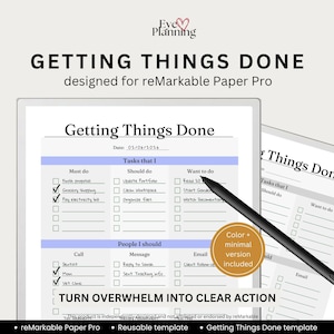 Pode incluir: Um modelo de planejador digital para reMarkable Paper Pro intitulado Getting Things Done. O layout apresenta seções para tarefas categorizadas por prioridade e métodos de comunicação, com caixas de seleção e texto manuscrito, além de uma caneta stylus preta.