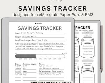 May include: A digital savings tracker template for reMarkable Paper Pure and RM2 tablets. The screen displays a savings goal form with fields for target amount, deadline, and a progress bar, alongside a secondary page featuring mason jar graphics.