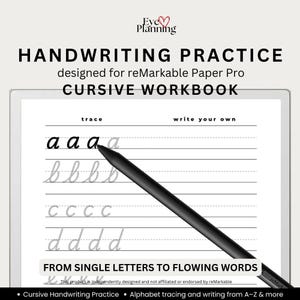 May include: A digital handwriting practice cursive workbook for reMarkable Paper Pro featuring alphabet tracing exercises with columns for tracing and writing letters. A black stylus rests on the screen displaying letters a, b, c, and d.