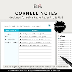 Cornell-notities voor reMarkable Paper Pro | Cornell-sjabloon voor het maken van aantekeningen voor studie, vergaderingen en therapie | Leerling- en werknotitieboek