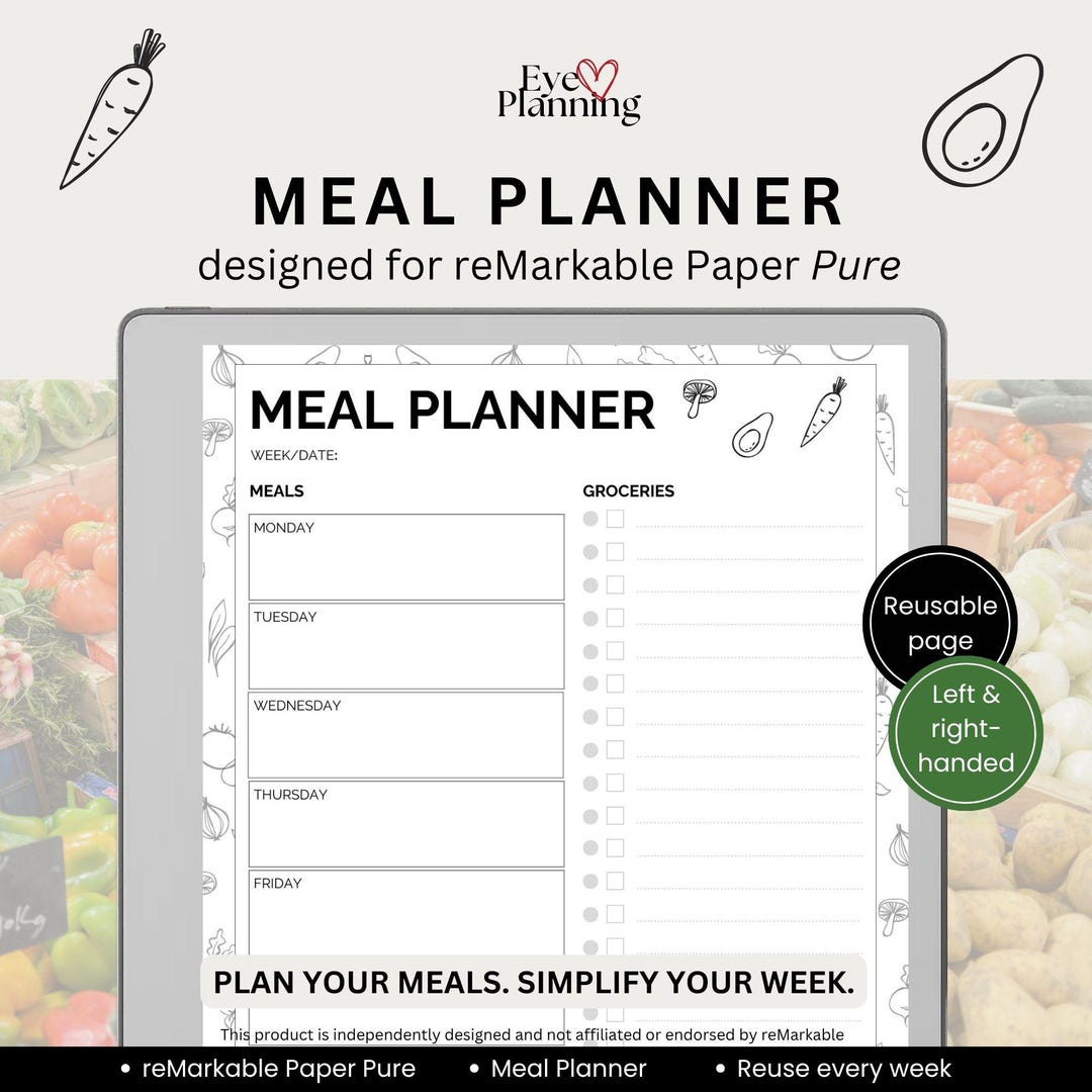 Weekly Meal Planner for Remarkable Paper Pure | With Grocery List | 7 ...