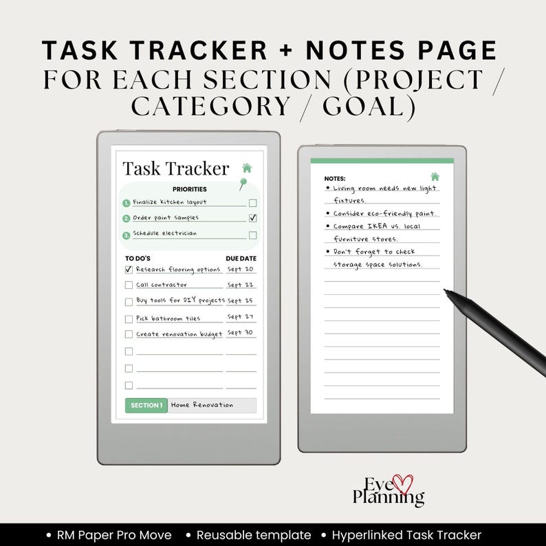 Project Task Tracker for reMarkable Move productivity template