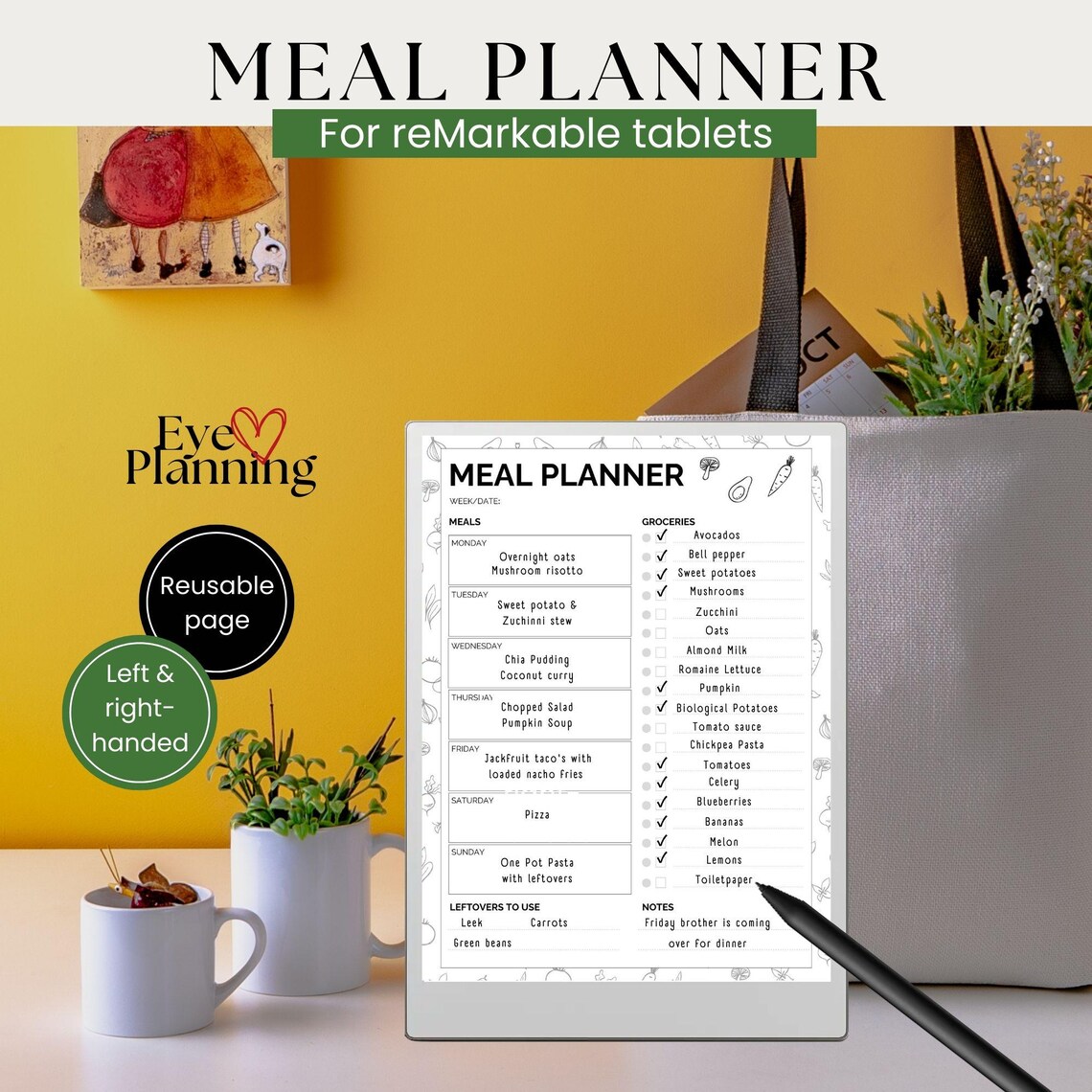 Weekly Meal Planner With Grocery List | 7 Day Menu Plan | Reusable ...