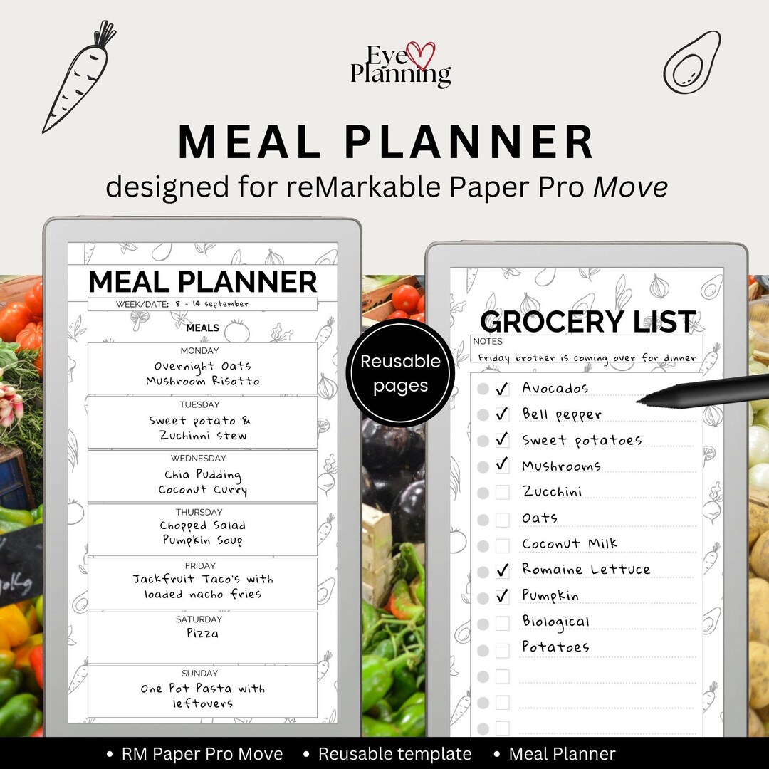 Weekly Meal Planner With Grocery List Designed for the Remarkable Paper ...