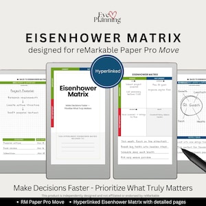 Könnte beinhalten: Digitaler Planer mit dem Text "Eisenhower Matrix" für reMarkable Paper Pro Move. Der Planer hilft bei der Priorisierung von Aufgaben mit Abschnitten für dringende und nicht dringende Elemente. Enthält einen "Hyperlinked"-Button und den Text "Make Decisions Faster - Priorize What Truly Matters."
