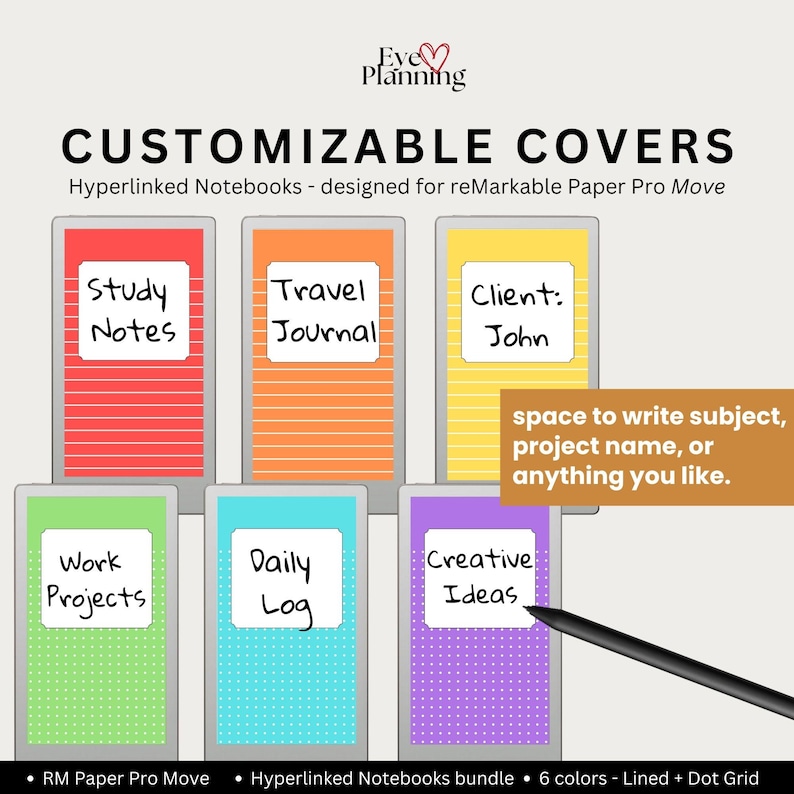 Color notebooks set for reMarkable Move, includes red, orange, yellow, green, blue, and purple digital covers