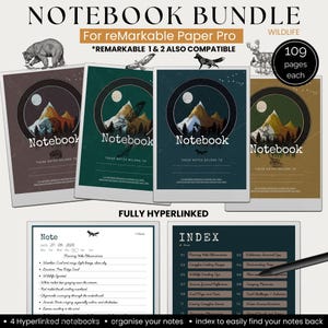 May include: A digital notebook bundle for reMarkable Paper Pro, 1 and 2, featuring four wildlife-themed covers in brown, green, dark blue, and tan. Each notebook contains 109 pages, includes a note page with date and observation fields, and an index page.