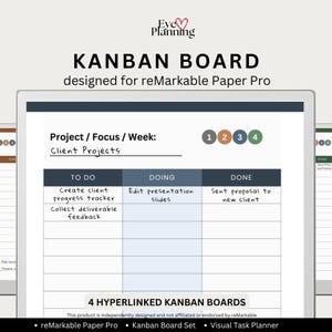 Bacheca Kanban con collegamento ipertestuale per reMarkable Paper Pro / Bacheca attività visiva e pianificatore di progetti / Modello di produttività e flusso di lavoro