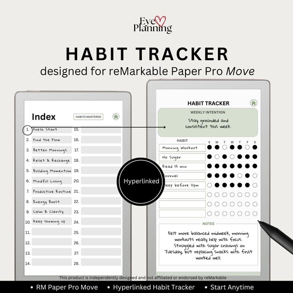 Hyperlinked Habit Tracker for reMarkable Paper Pro Move | Weekly & Daily Habit Planner | Wellness and Productivity Template | Habit Journal