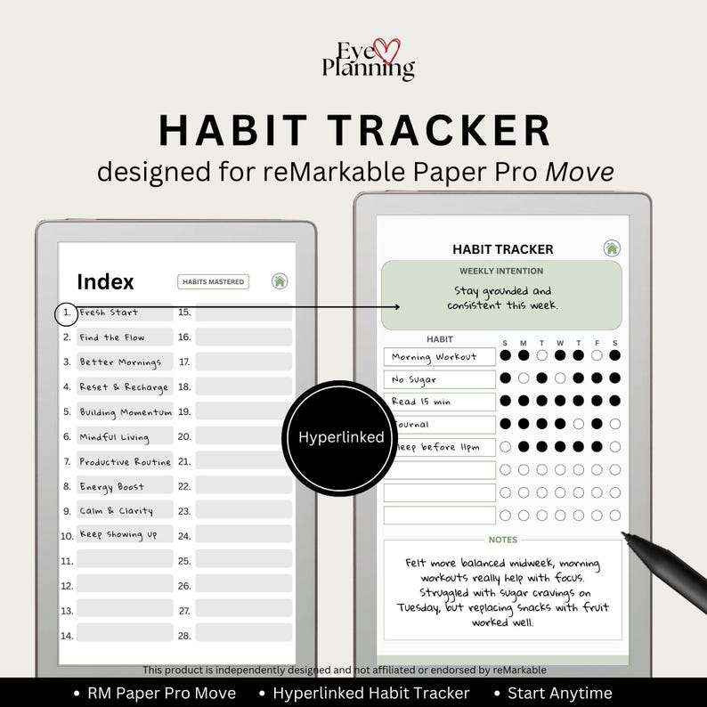 Hyperlinked Habit Tracker template for reMarkable Paper Pro Move