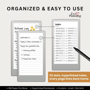 Customizable reMarkable notebooks with 112 hyperlinked slots, dot grid and lined note taking templates for digital journaling