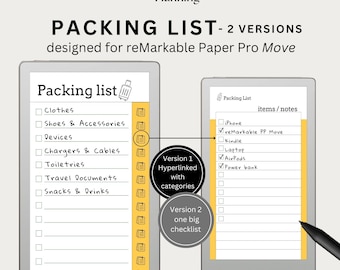 2-i-1-packlistmallar designade för reMarkable Paper Pro Move | 2 versioner | Semesterchecklista, Semesterresplan, Bagageorganisatör