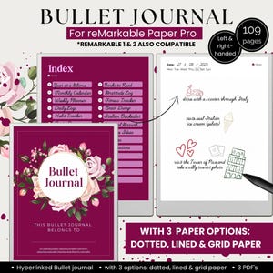 Digital Bullet Journal for reMarkable Paper Pro, reMarkable 2 and 1 | Hyperlinked Planner with Dotted, Lined & Grid Paper | 109 Pages |