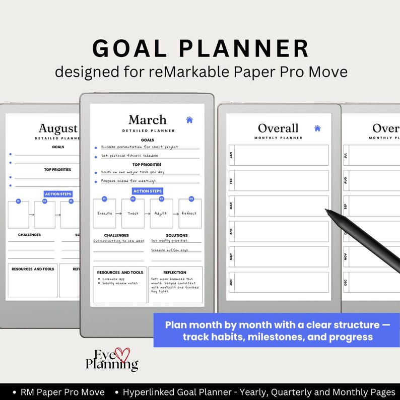 Goal Planner for Remarkable Paper Pro Move | Hyperlinked Yearly ...