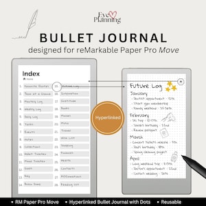 May include: A digital bullet journal designed for reMarkable Paper Pro Move. The image shows two tablets displaying the index and future log pages. The index includes sections for quotes, goals, and tasks. The future log lists appointments and events. The journal is hyperlinked.
