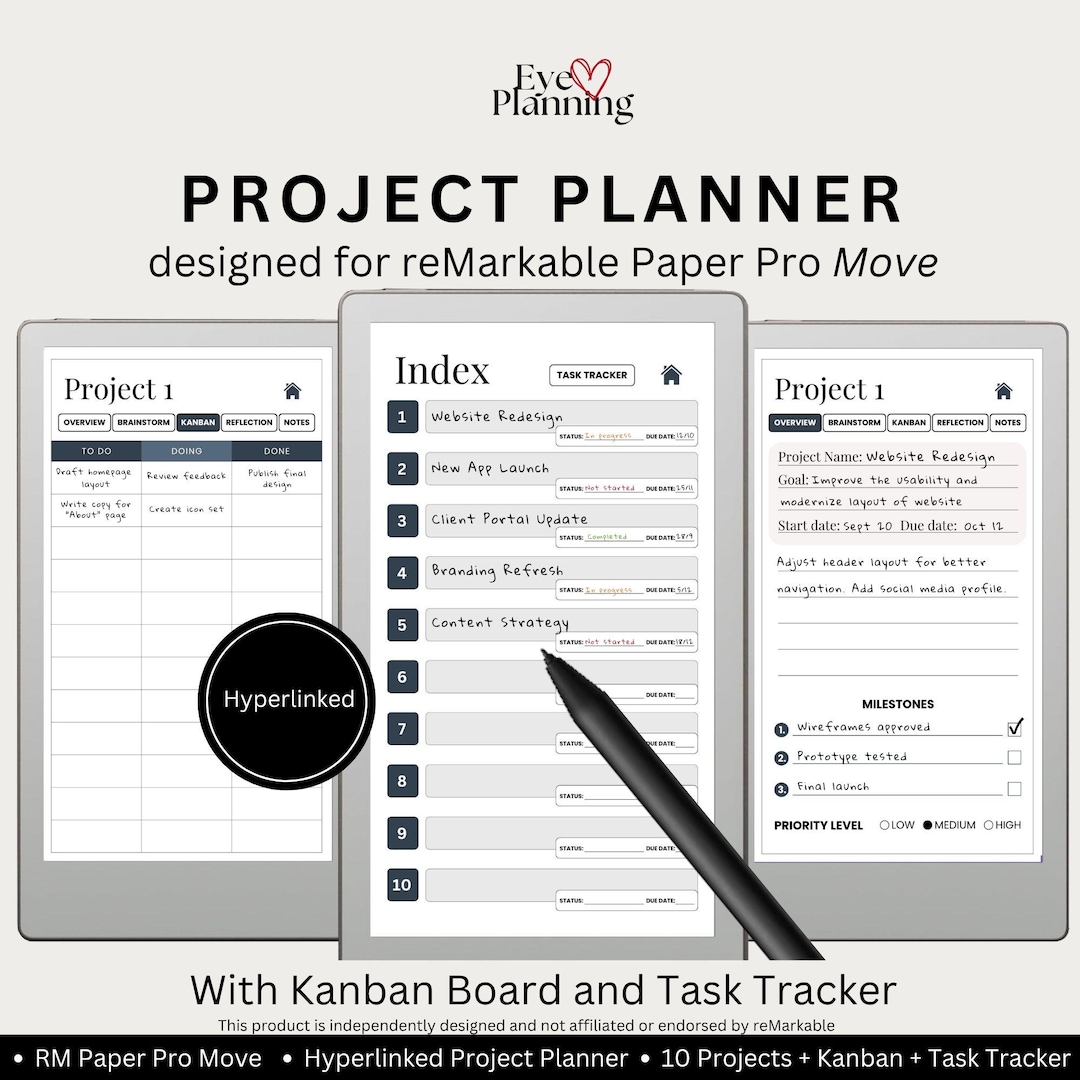Hyperlinked Project Planner for Remarkable Paper Pro Move | Project ...